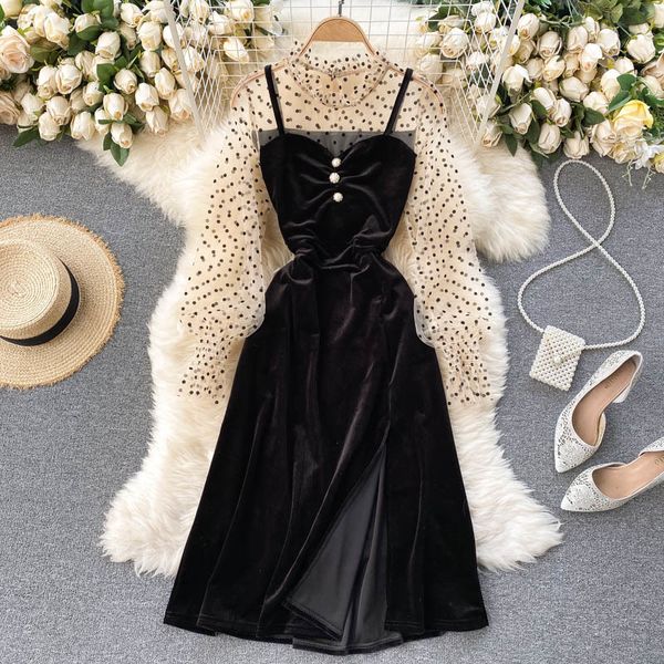 

2021 new vintage velvet feminine design splice dot mesh puff neck autumn sweet a-line dress 8ifx, Black;gray