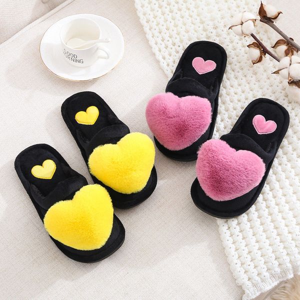 

2020 fashion women cotton slippers ladies winter cute love heart plush flat with indoor non-slip woman warm slippers home y200706, Black