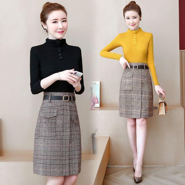 

with belt retro woolen tartan skirt women's 2021 autumn and winter fashion long skirt woman skirts, Black