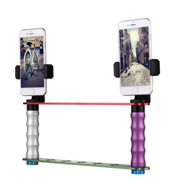 

smartphone live broadcast bracket dual hand-held selfie mount kits with 2x phone clips for iphone galaxy huawei xiaomi htc sony google and