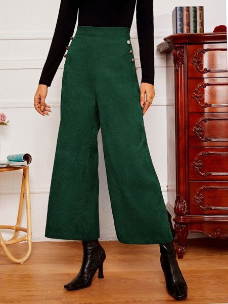 

button detail corduroy wide leg pants a9sn#, Black;white