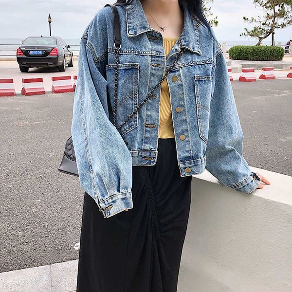

women new denim jacket light blue bomber short jeans jacket casual denim outwear loose long sleeve black jeans jack coat, Black;brown