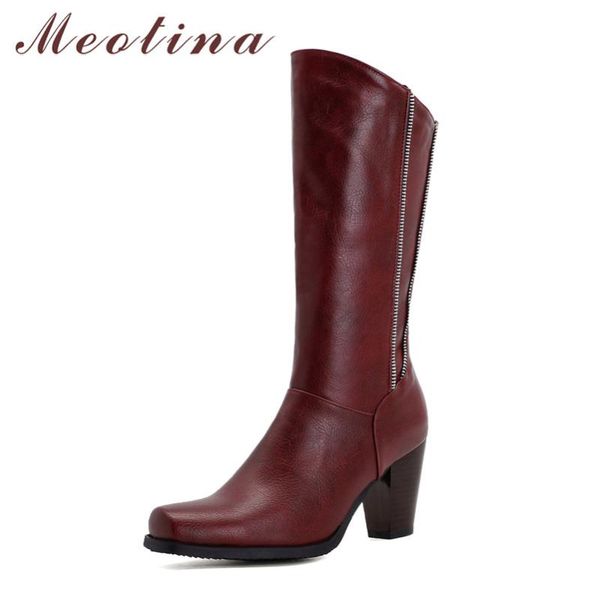

boots meotina square toe women high heel mid calf chunky shoes zip female autumn winter wine red large size 46, Black