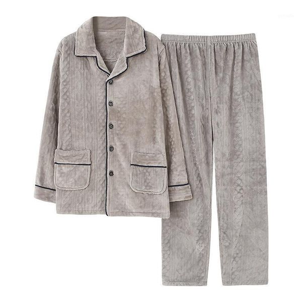 

2020 autumn and winter men's pajamas flannel coral cardigan thickened warm and comfortable loose pajamas large home clothes1, Black;brown