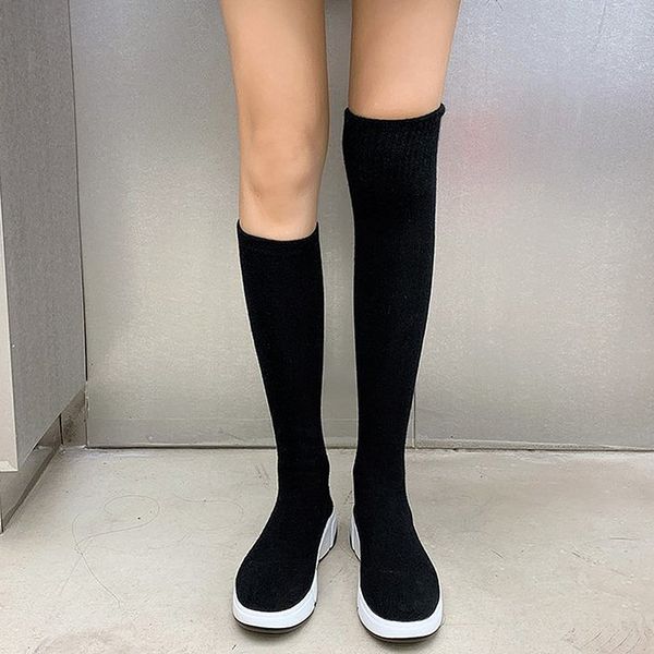 

boots 2021 socks women stretch fabric over the knee long slim platform shoes soft high for woman, Black