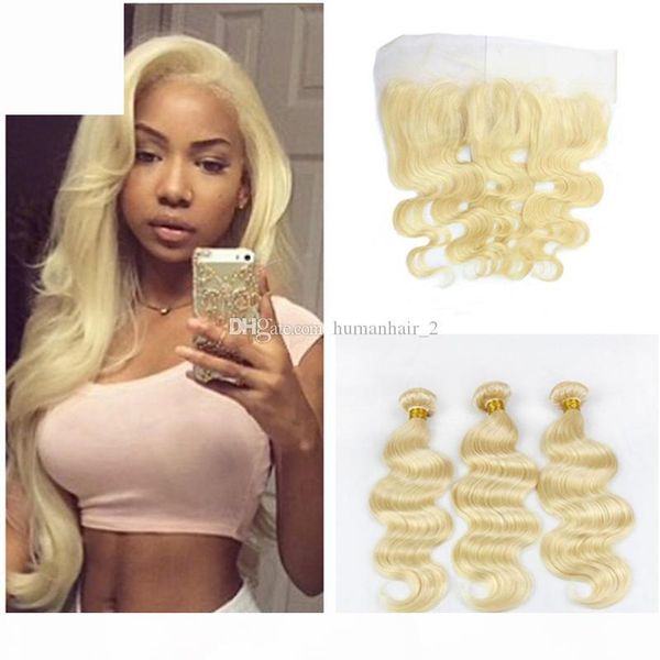 

blonde body wave human hair with lace frontal closure malaysian virgin hair wefts 3bundles with body wave lace frontal ing, Black;brown