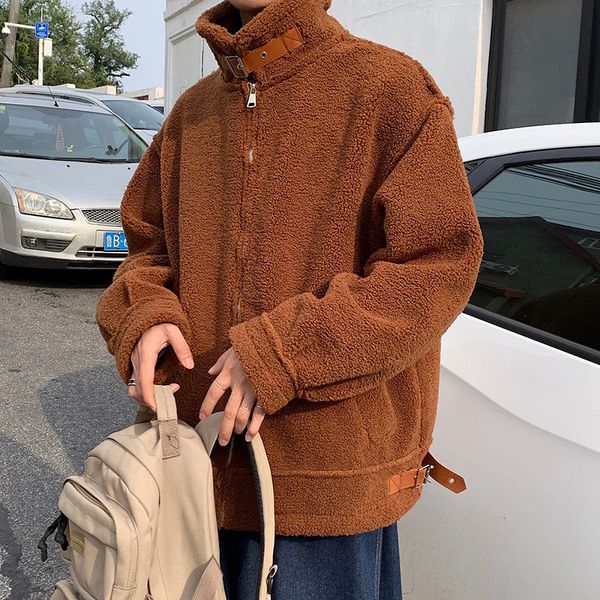 

зима толстых шерсти овечки куртки мужской parka теплых моды ретро случайные короткие пальто мужчину сыпучего корейский плюшевые пальто мужск, Black