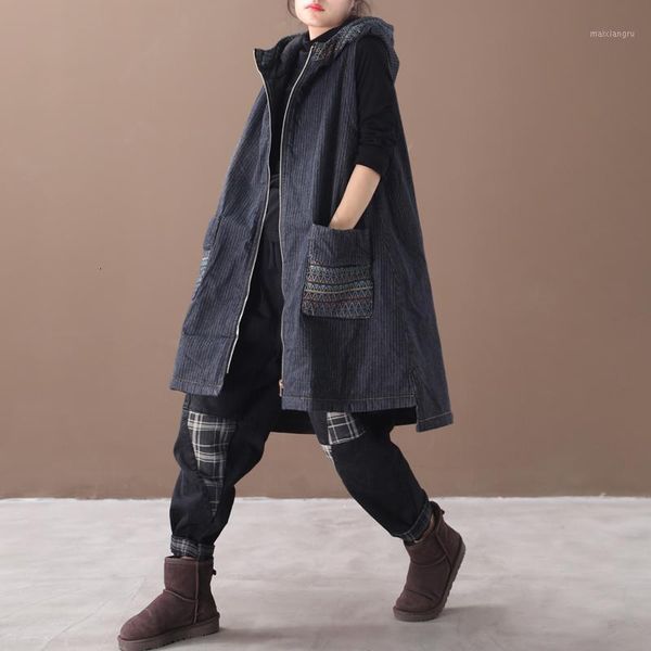 

ewq] 2019 autumn winter new pattern hooded collar sleeveless denim patchwork pockets vintage cotton padded vest women ah796051, Black;white