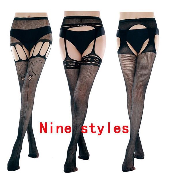 

women's leggings autumn winter high elasticity outfit pants print mesh suspenders garter net hose fishnet panty, Black