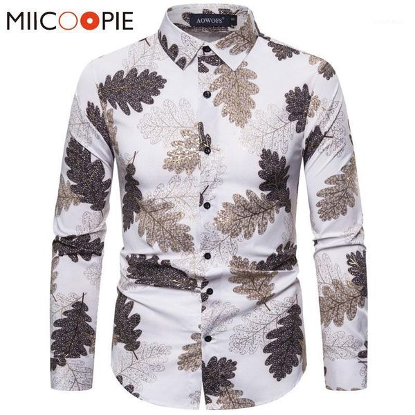 

nightclub streetwear men shirts 2020 bronzing 3d leaf print chemise homme male casual wedding party business evening dress shirt1, White;black