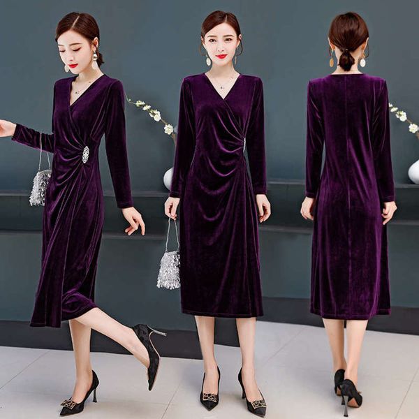 

skirt banquet long evening women's a-line autumn and winter new style waist slim medium length velvet v-neck pleated dress, Black;gray