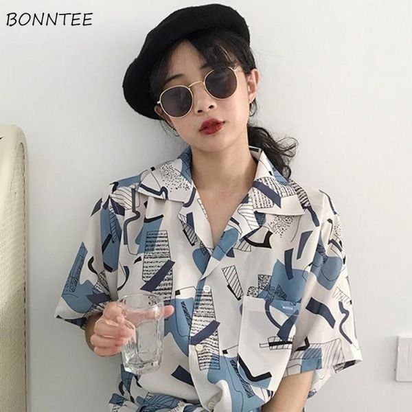 

blouses women chic vintage printed new summer harajuku ladies streetwear popular all-match short sleeve pocket womens shirts, White