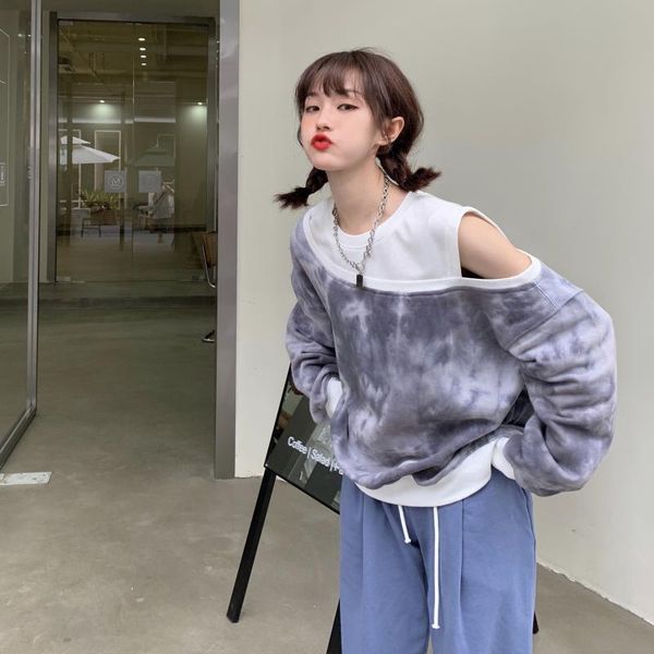 

sweatshirt women off shoulder tie-dye o-neck gradient contrast color long sleeve pullover sweatshirt women hole shirts, White