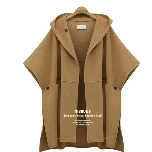 

women's wool & blends coat 2021 elegant winter woolen cape female cloak jackets casual split streetwear hooded overcoat, Black