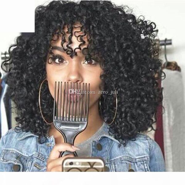 

kinky curly with bangs full lace human wig for black woman indian afro kinky curly lace front virgin hair wig short curly wig, Black;brown
