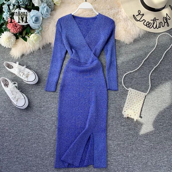 

yornmona shinning split elegant ladies office dress 2019 new v neck knitted sweater dress workwear korean style women1, Black;gray