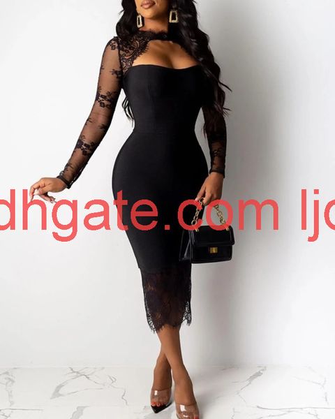 

2019 new self style simple lace splicing hollow design dress, Black;gray