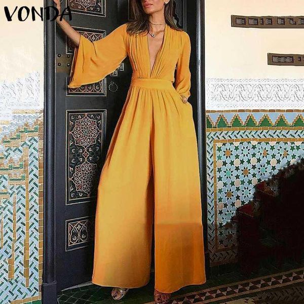 

vonda 2020 women jumpsuit romper 3/4 sleeve v neck casual playsuit overalls ladies wide leg loose black playsuit plus size 5xl1, Black;white