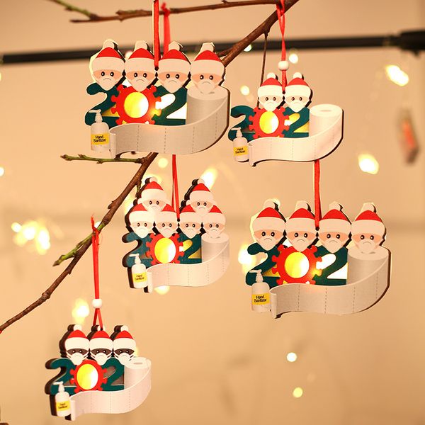 2020 Quarantena Ornamento natalizio Decorazione albero di Natale incandescente Famiglia fortunata in legno da 1 a 5 personalizza il ciondolo natalizio