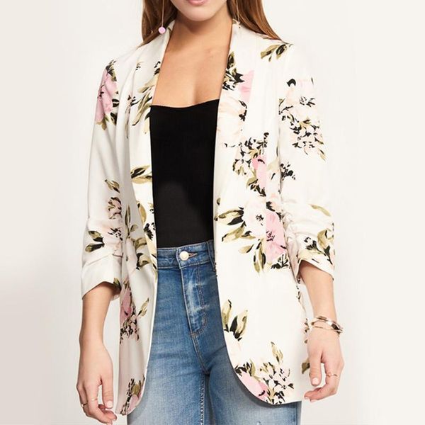 

women's suits & blazers elegant blazer women floral printed slim long sleeve female notched collar jacket zipper casual white outwear a, White;black
