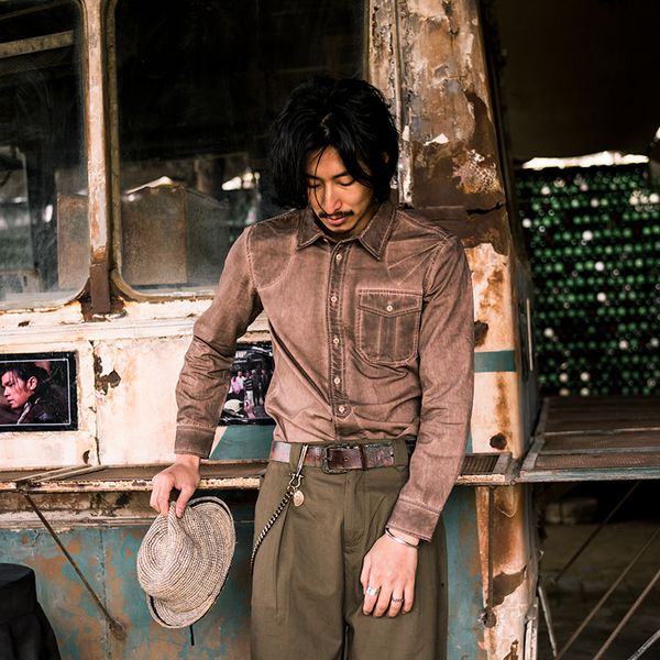 

soarin design old stitching rust color long sleeve men's british casual inch shirt