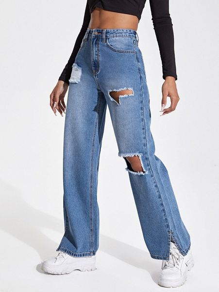 

split hem ripped jeans v4tz#, Blue