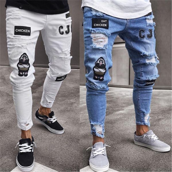 

new arrival jeans men hole streetwear brand jeans homme hip hop broken modis male pencil biker embroidery patch pants, Blue