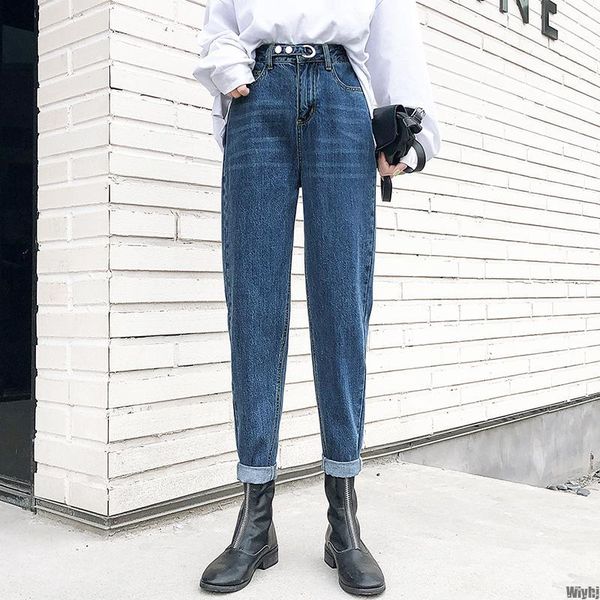 

women's jeans high waist jean femme casual loose retro denim pants black mom plus size pocket, Blue
