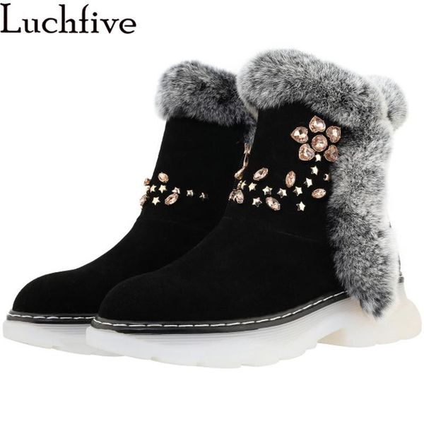 

winter snow boots for woman brown black suede short boots luxury crystal wool comfortable warm