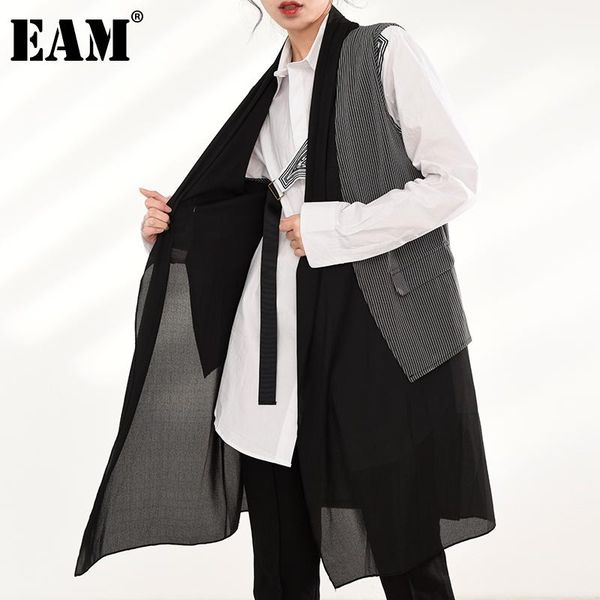 

eam] women loose fit black striped split joint long vest new v-collar sleeveless fashion tide spring autumn 2021 jx79701, Black;white