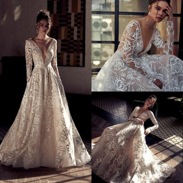 

julie vino 2021 a line wedding dresses plus size long sleeve lace bridal gowns deep v neck boho vestido de novia, White