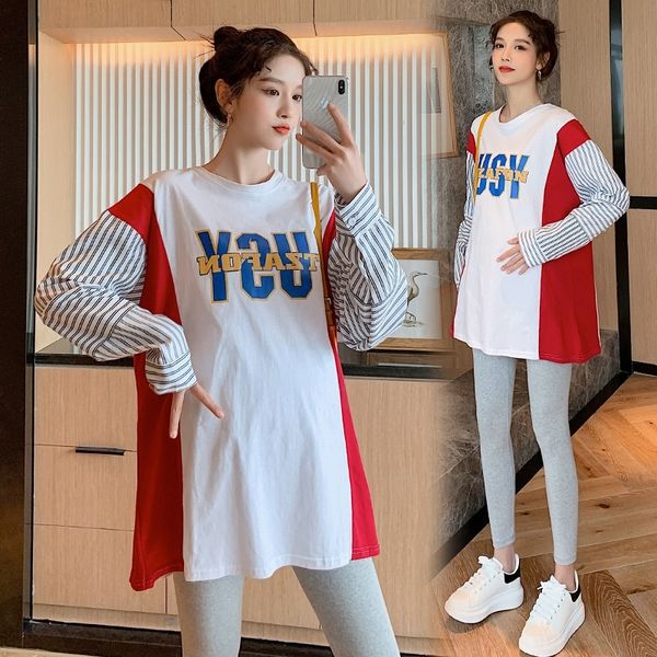 

s0enp autumn 2020 new pregnant women's color contrast stitching t-shirtjacket loose spicy mom out long sleeve t-shirt cotton casual cot, White