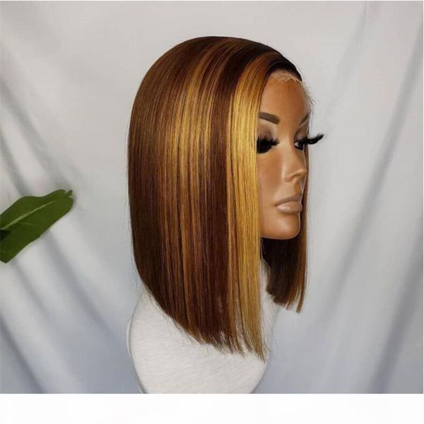 

highlight blonde 5*5 pu silk base wig lace front human hair wigs ombre short bob brazilian remy hair lace wigs bleached knots, Black;brown