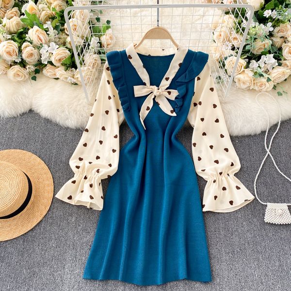 

2021 new singiny feminine splice sweet mesh bow neck love impression puff dressed autumn the line streetwear short dress eukf, Black;gray