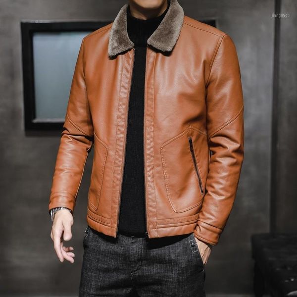 

2019 men's fashion imitation fur and wool integrated with thick leather qiu dong young lapel leather jacket1, Black
