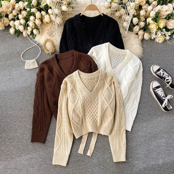 

foamlina knitted women's new fashion autumn winter long sleeve v-neck loose pullover sweater back lace-up cropped knitwear, White;black