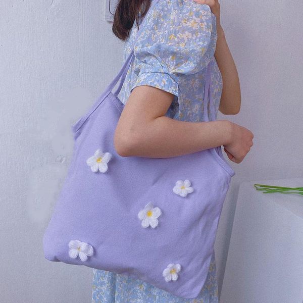

women canvas shoulder bag bright daisies cotton cloth handbag female flower casual totes large capacity shopping bags for girls