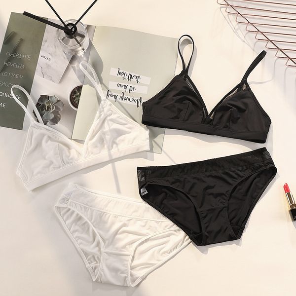 

honviey french ladies bra without steel ring thin underwear bralette hollow mesh triangle cup lingerie set plus size, Red;black