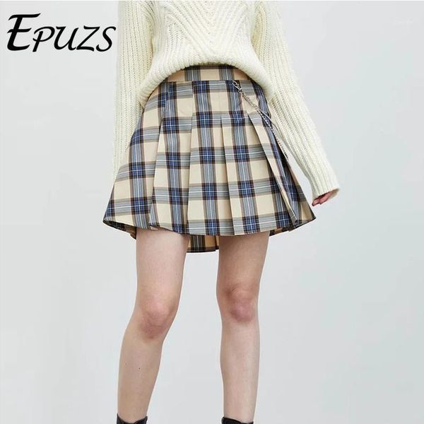 

vintage women skirt harajuku plaid pleated mini skirt 2020 fashion slim sweet cute metal chain lady1, Black