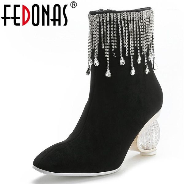 

fedonas elegant short boots women autumn winter party prom shoes woman crystal high heels plus size side zipper ankle boots1, Black