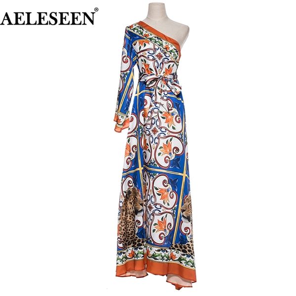 AELESEEN Vintage Unregelmäßiges Kleid Druck 2018 Herbst Mode One-Shoulder-Gürtel Porzellan Tier XXL Gedruckt Lose Lange Maxi Kleid T200604