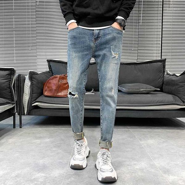 

men's jeans fashion 2021 spring ripped men streetwear all match hip hop pants slim fit casual hole denim trousers 341, Blue