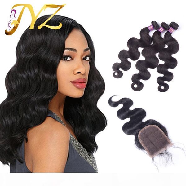 

unprocessed virgin hair 3 bundles with 1 lace closure brazilian malaysian peruvian indian human hair body wave hair extension ing, Black