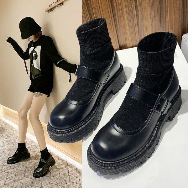 

boots women's british patchwork shoes 2021 autumn thick-soled stretch short knitted spring q11-19, Black