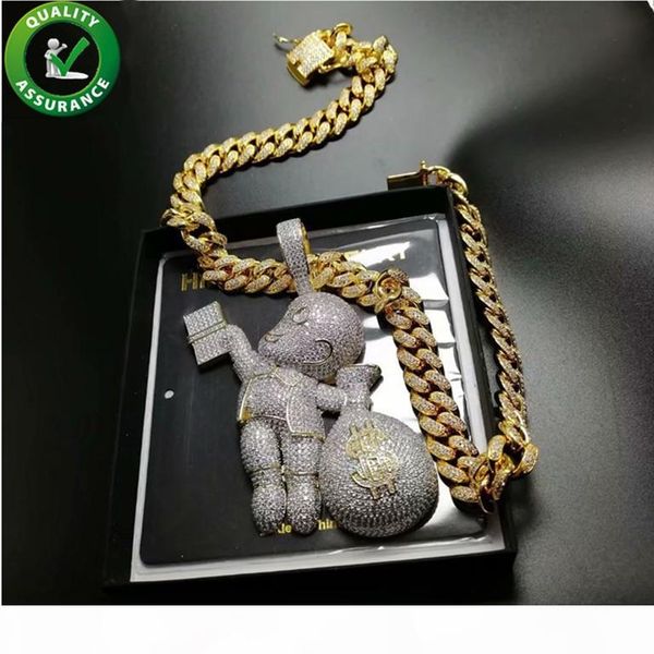

iced out chains pendant designer necklace hip hop jewelry diamond pandora style charms mens necklace gold cartoon mario money bag rapper, Silver