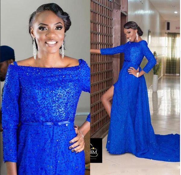 

2021 a line long sleeves elegant royal blue evening dresses split beading arabic party prom dresses robes de soiree, Black;red