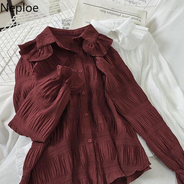 

neploe 2020 autumn spring new doll collar long sleeve shirt solid pleated design single breast blusas loose straight blusas482281, White