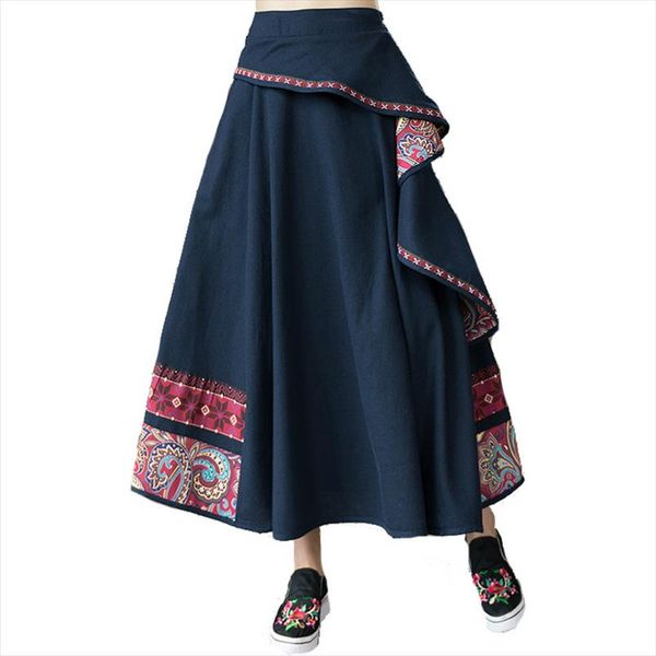 

2021 new cotton linen embroidery women skirt ethnic style high waist patchwork skirts womens vintage midi mori girl skirts, Black