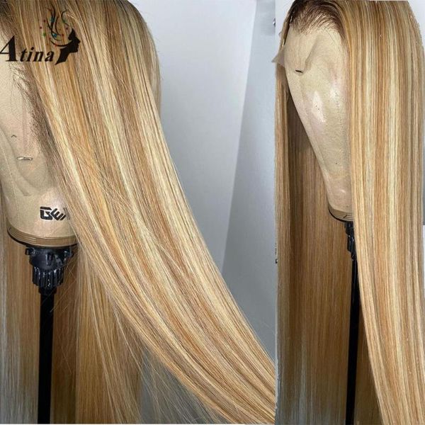 

lace wigs ombre blond highlight straight glueless for black women 613 preplucked hd transparent front human hair wig closure, Black;brown