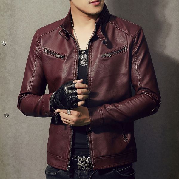 

slim jacket men men's real fit warm coat motorcycle cow standing collar genuine leather coats | 204202130399, Black;brown